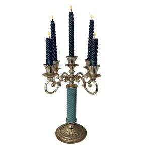 Vintage Hollywood Regency 5 Arm Candelabra Turquoise Column Candle Holder